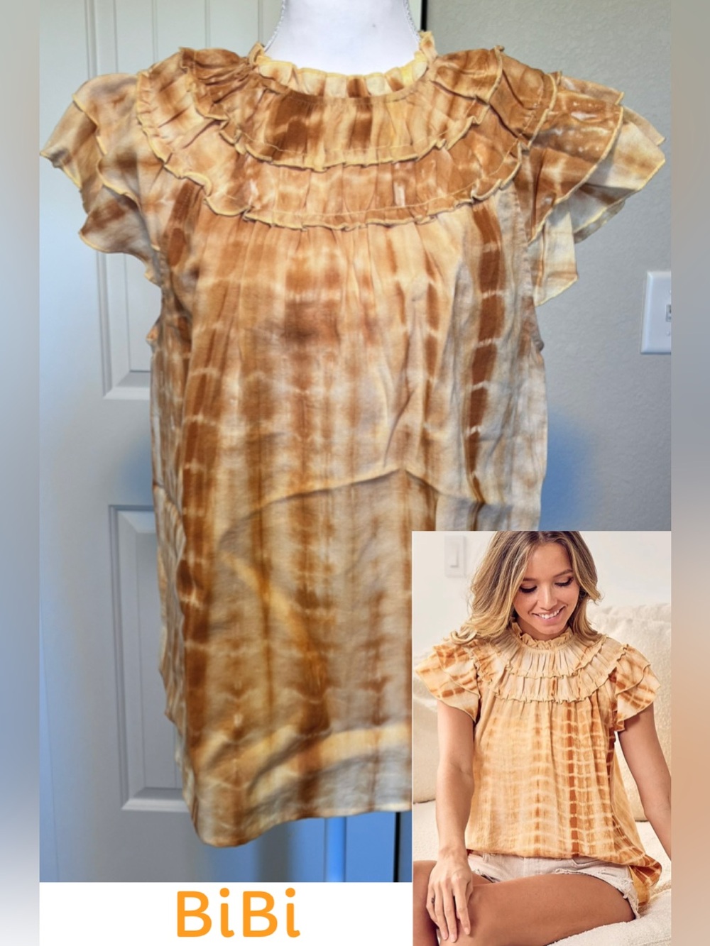 BiBi Tie-Dye Ruffled Neck & Sleeve Sz Medium 50% Cotton 50% Linen